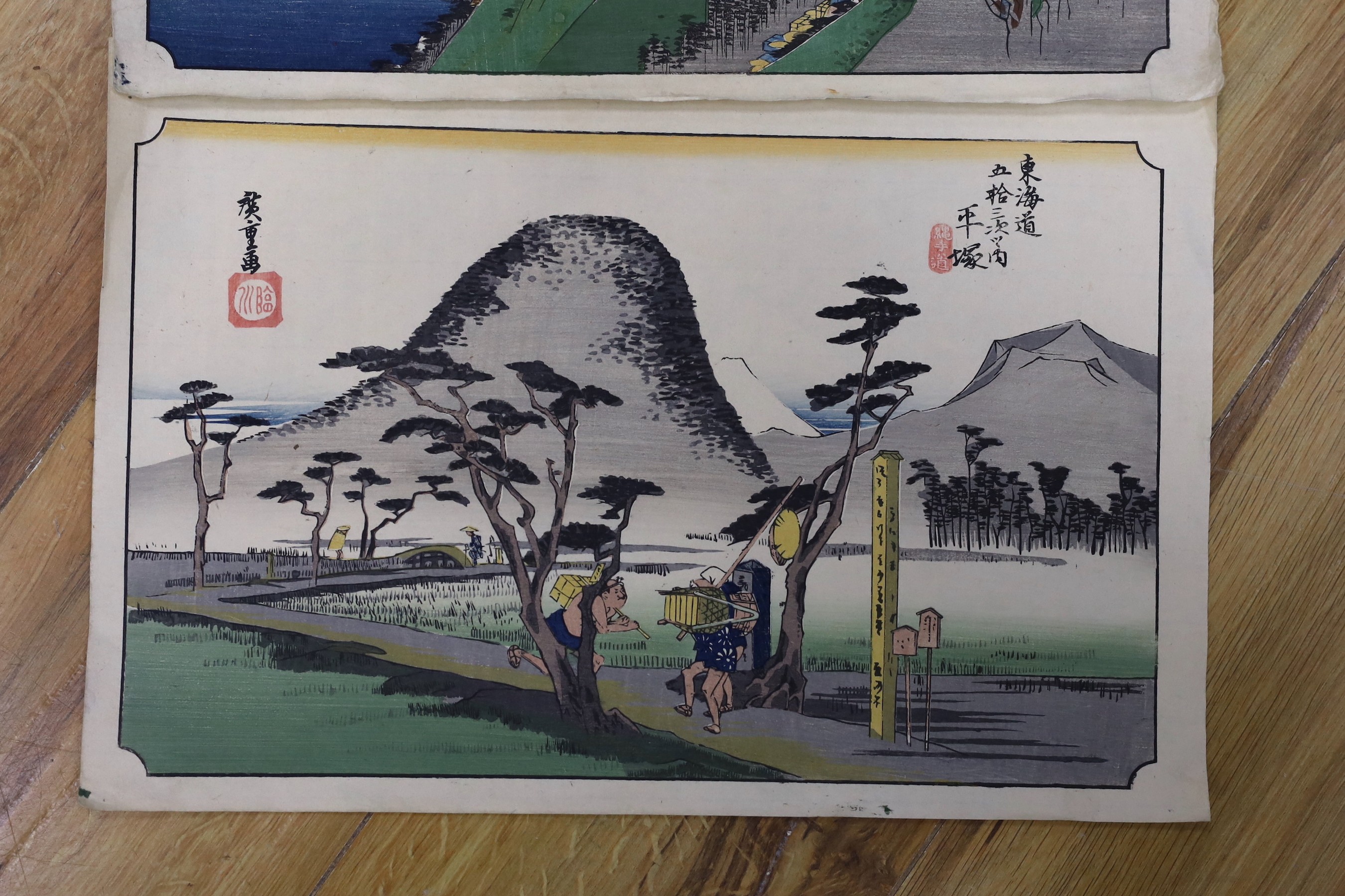 Hiroshige (1797-1858), two woodblock prints, Stations of The Tokaido, 25 x 38cm, unframed
